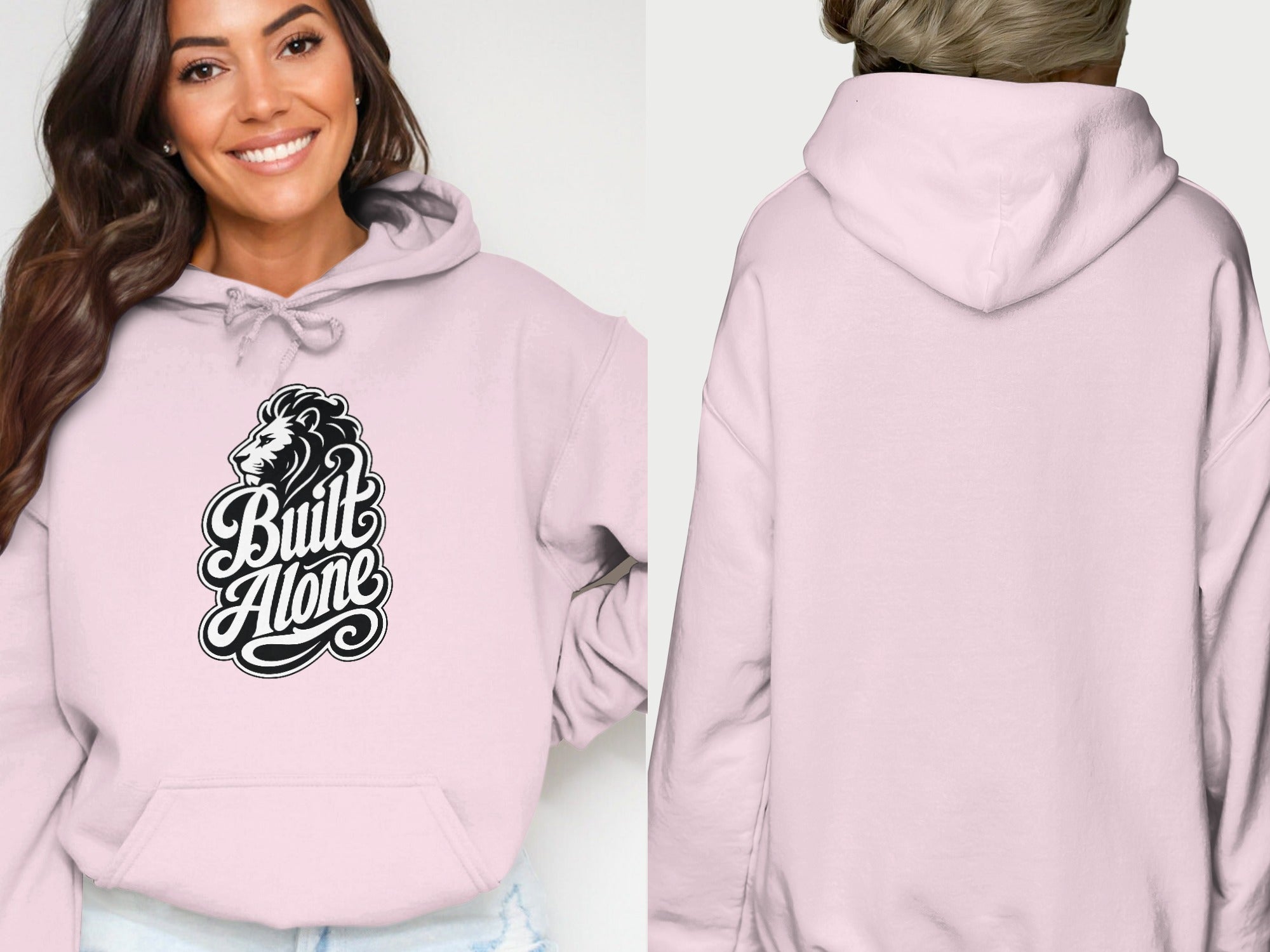 Pink hoodie with a black lion logo and "Built Alone" text.