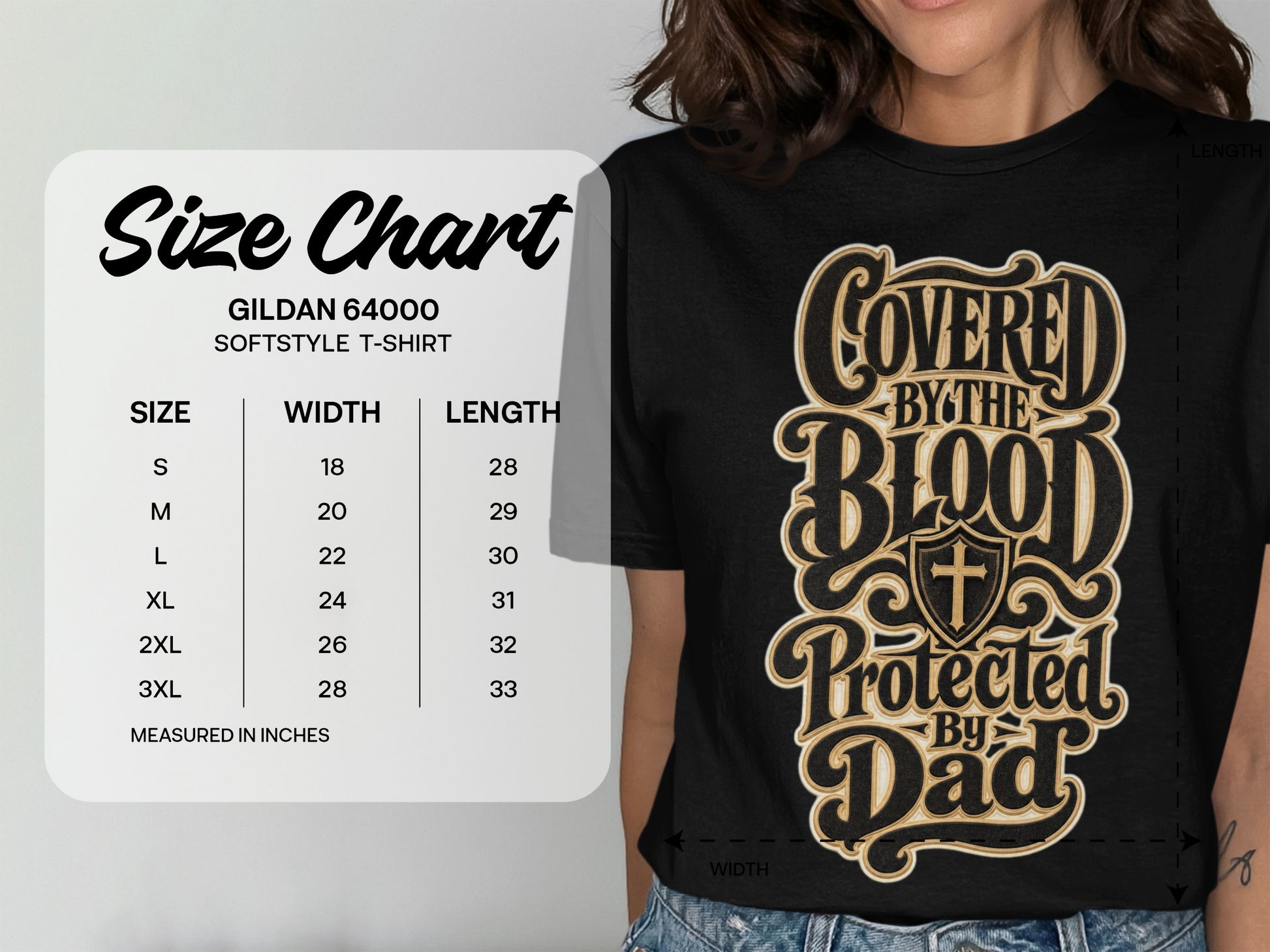 Gildan 64000 size chart with width and length measurements in inches.