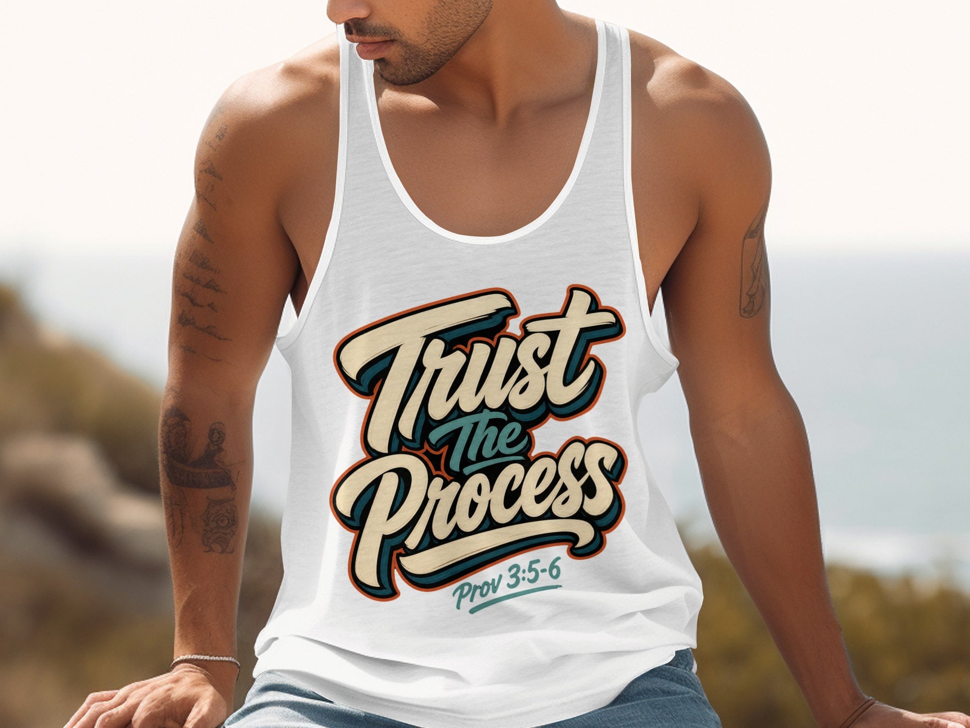 White tank top with "Trust The Process" and "Prov 3:5-6" text.