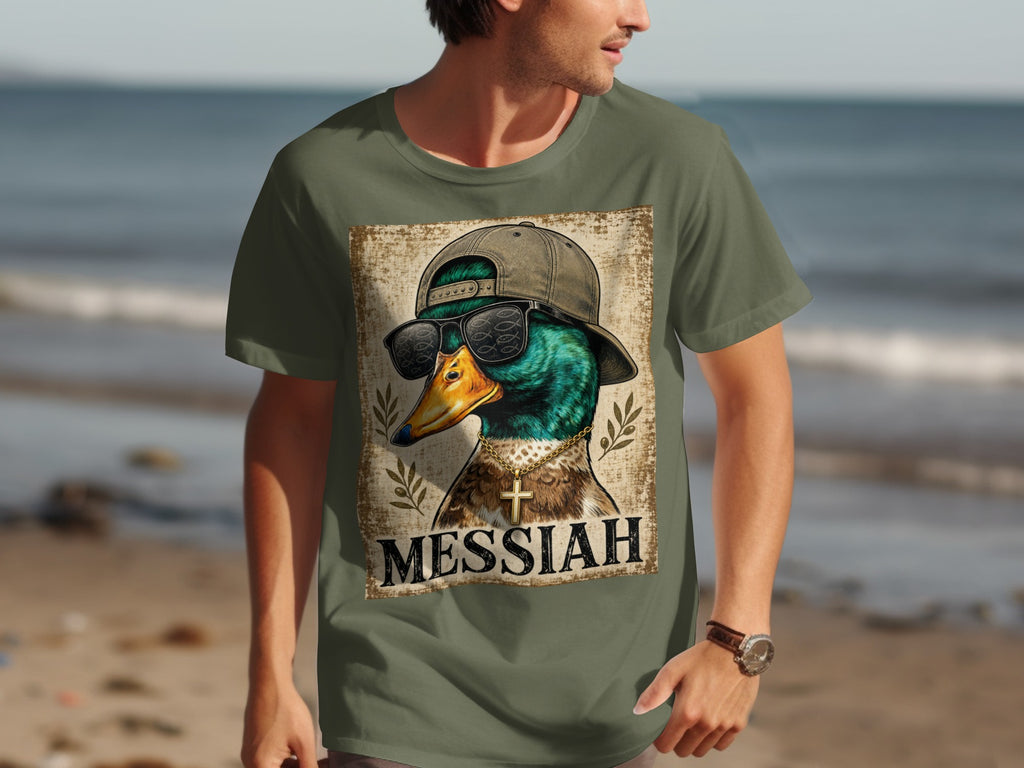 Green t-shirt with graphic of a duck wearing sunglasses and a hat, text "MESSIAH".