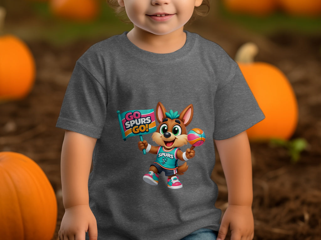 Cartoon dog mascot with "GO SPURS GO!" sign and basketball on a shirt.