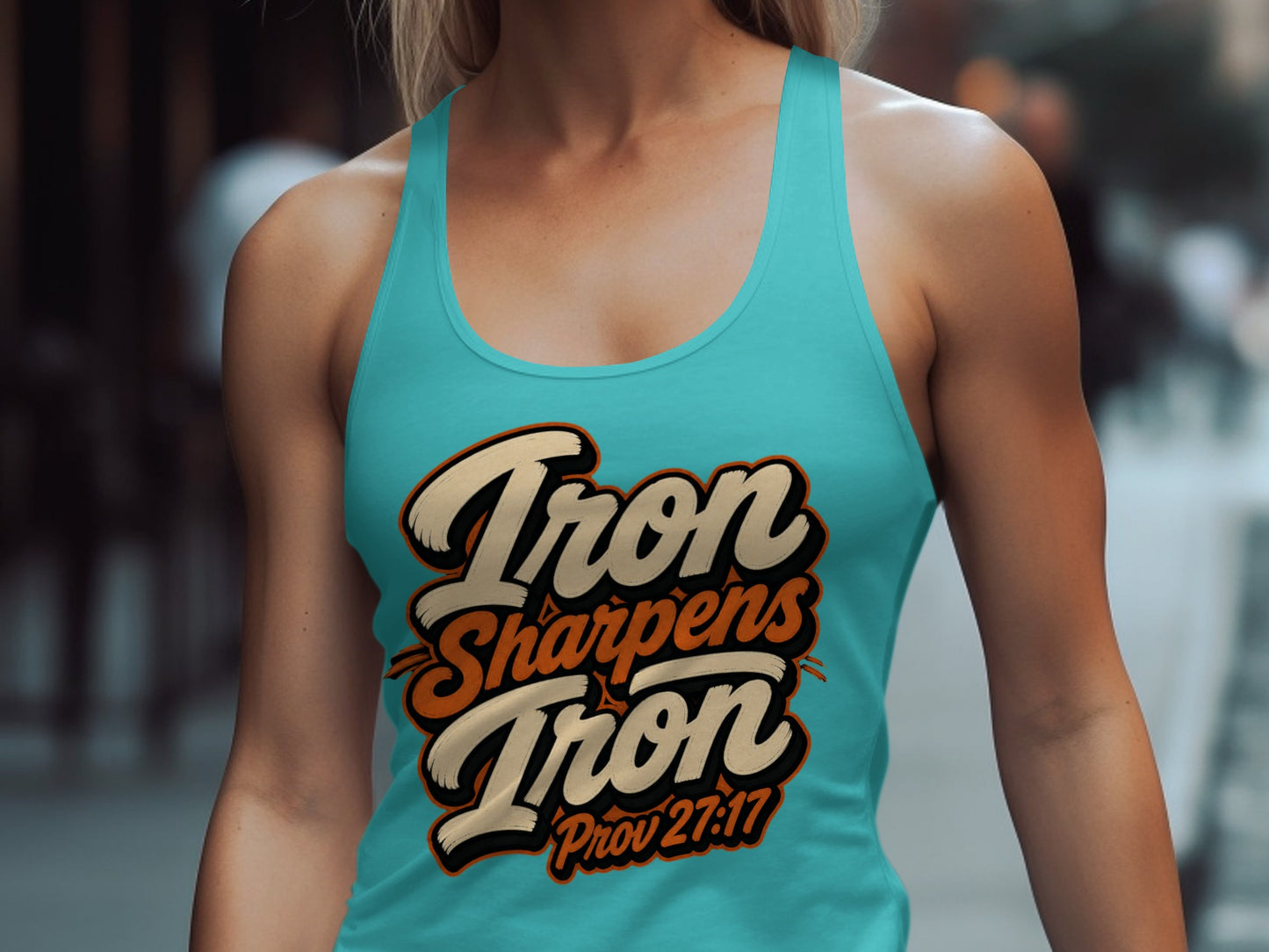 Turquoise tank top with "Iron Sharpens Iron Prov 27:17" text design.