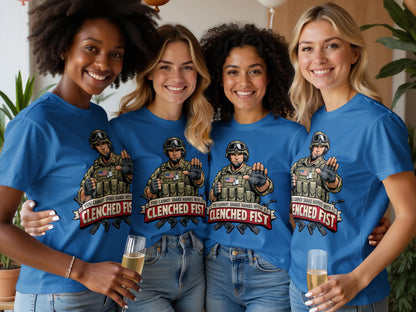 Four women wearing blue shirts with graphics of a soldier and "Clenched Fist" text.