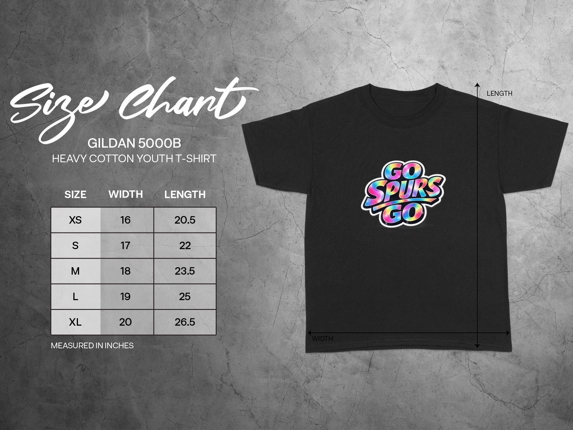 Gildan 5000B youth t-shirt size chart featuring "Go Spurs Go" graphic.