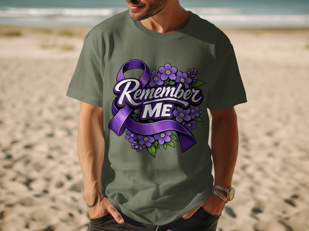 T-shirt with purple ribbon, flowers, and "Remember ME" graphic.