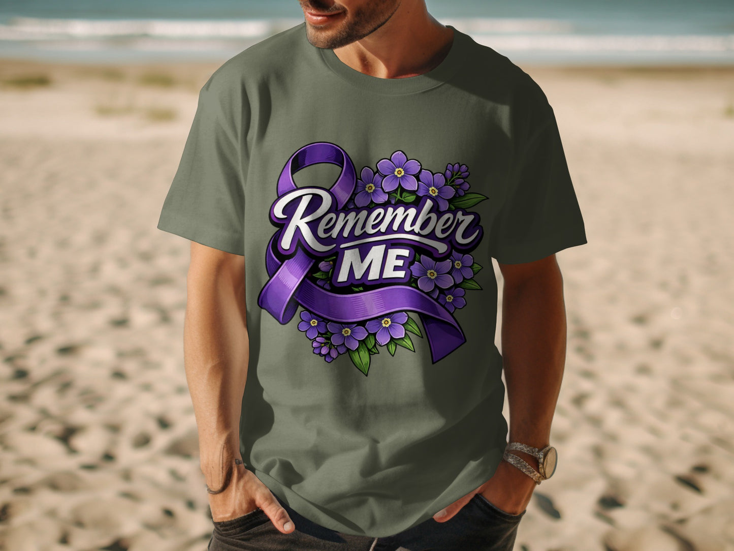 T-shirt with purple ribbon, flowers, and "Remember ME" graphic.