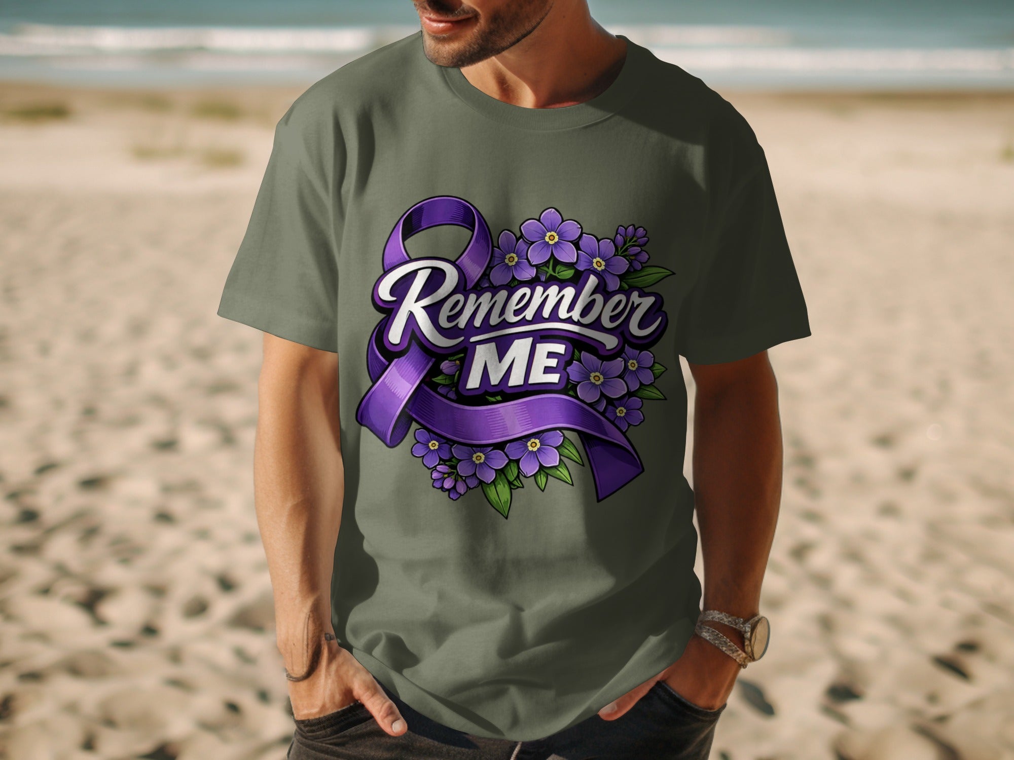 T-shirt with purple ribbon, flowers, and "Remember ME" graphic.