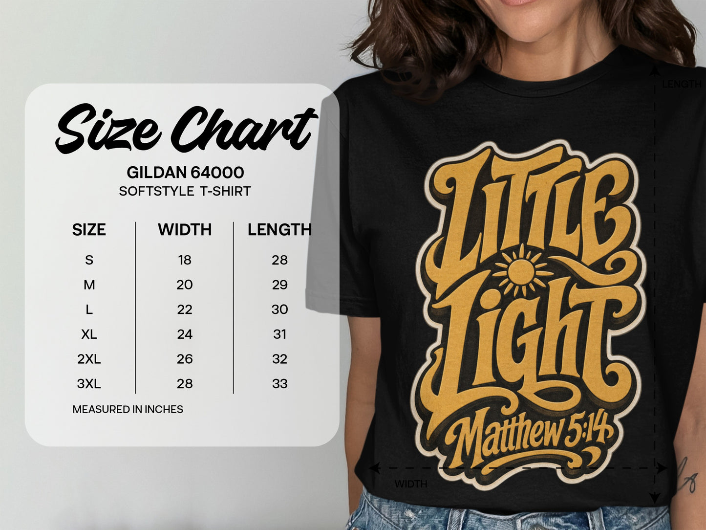 Gildan 64000 softstyle t-shirt size chart with "Little Light Matthew 5:14" graphic.