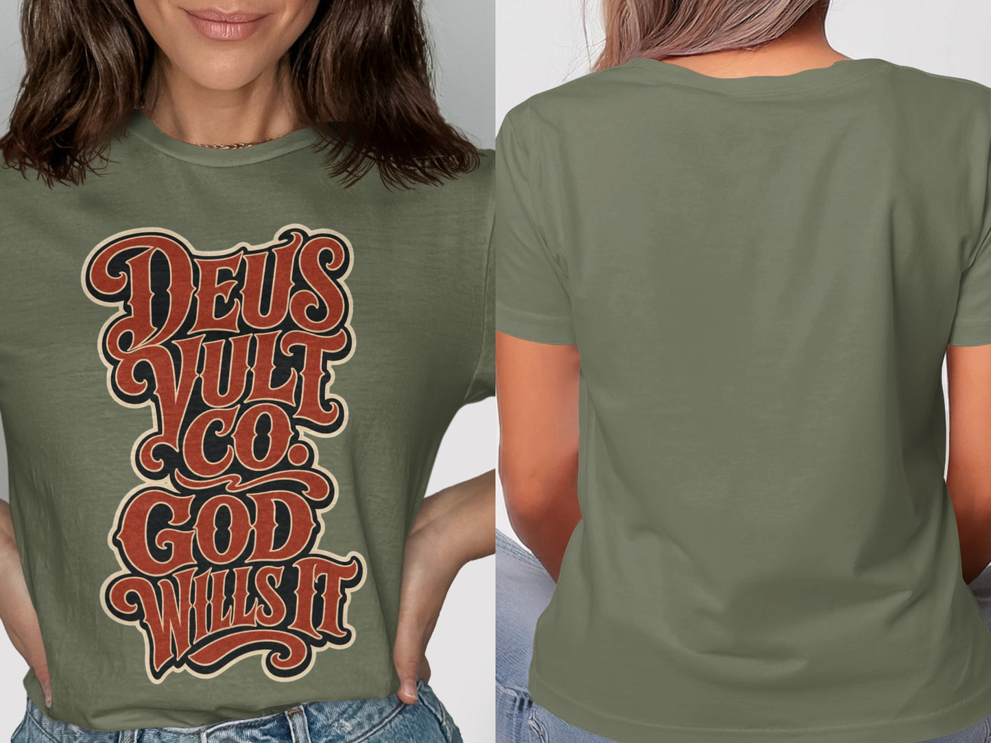 Green t-shirt with "Deus Vult Co. God Wills It" text graphic in distressed red lettering.