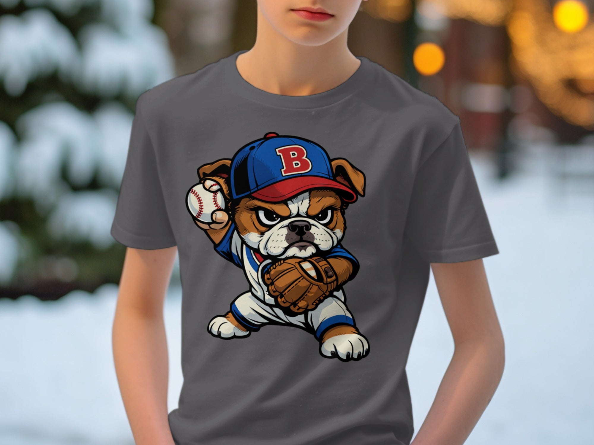 Cartoon bulldog baseball player with a glove and ball on a t-shirt.
