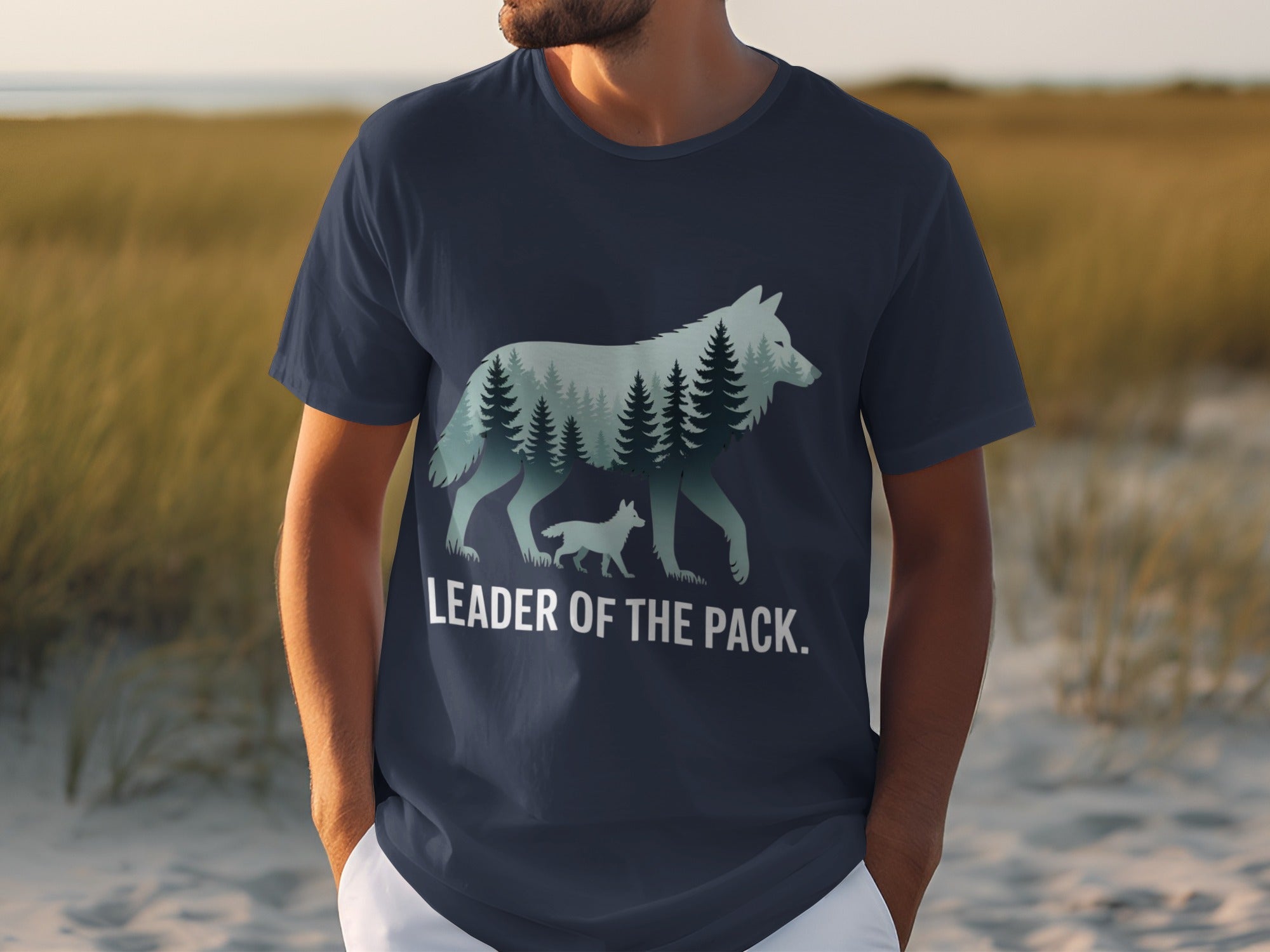 Navy t-shirt with a forest wolf silhouette and "Leader of the Pack" text.