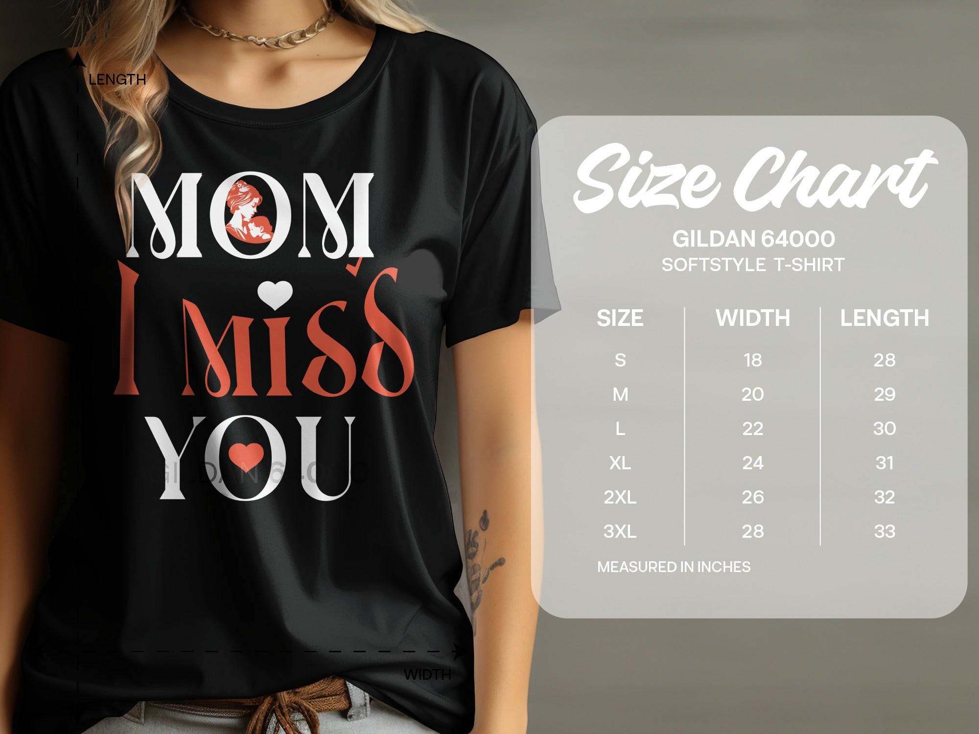 Black t-shirt with "Mom I Miss You" graphic and Gildan softstyle size chart.