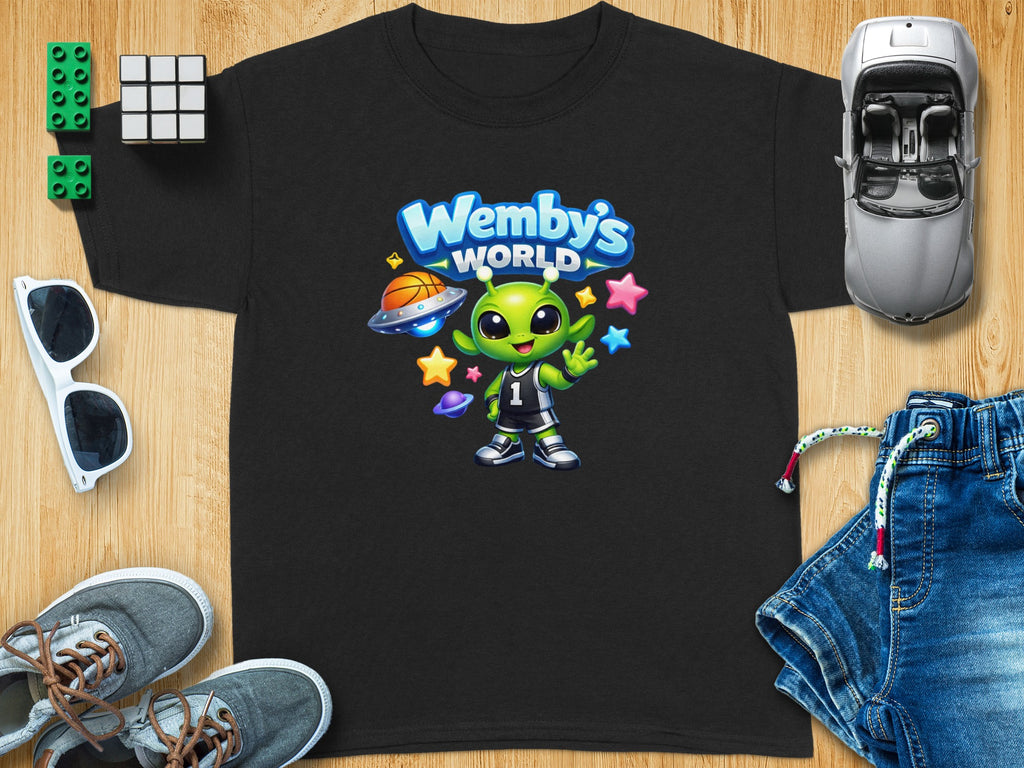 Black t-shirt with cartoon alien and "Wemby's World" text.
