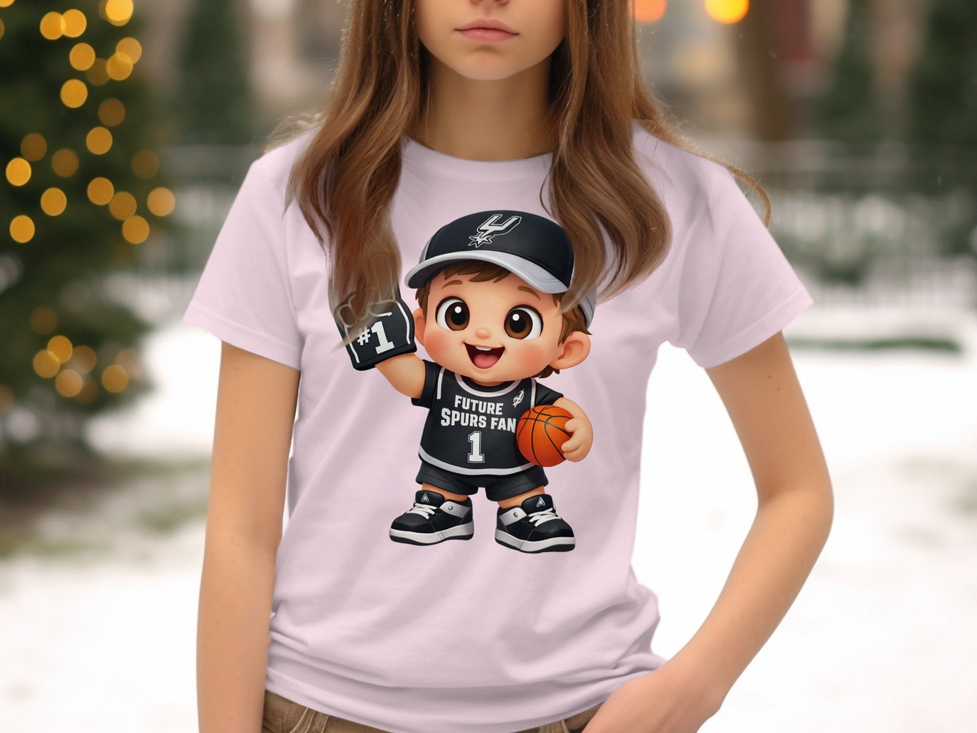 Cartoon child in a Spurs jersey holding a basketball and foam finger.