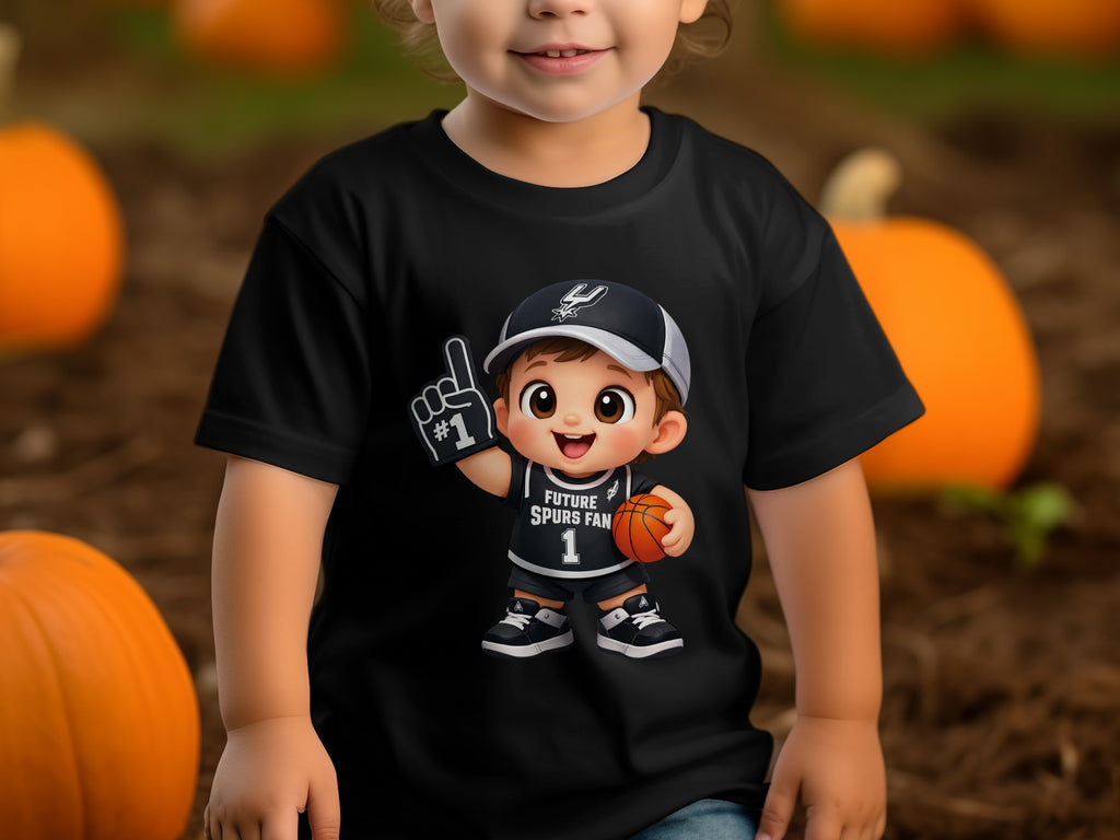 Black t-shirt with cartoon of a boy in Spurs gear holding a basketball.