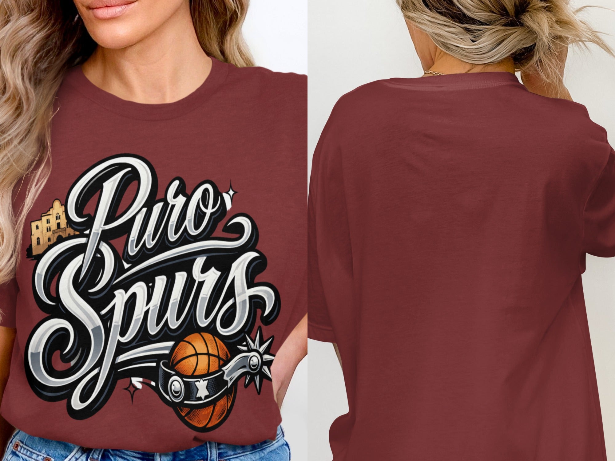 Maroon t-shirt with "Puro Spurs" text, basketball, and spur graphic.