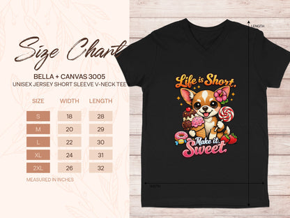 Black t-shirt with kawaii dog graphic and size chart.
