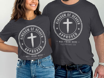 T-shirts with "Kingdom of Heaven Approved" text and a cross graphic.