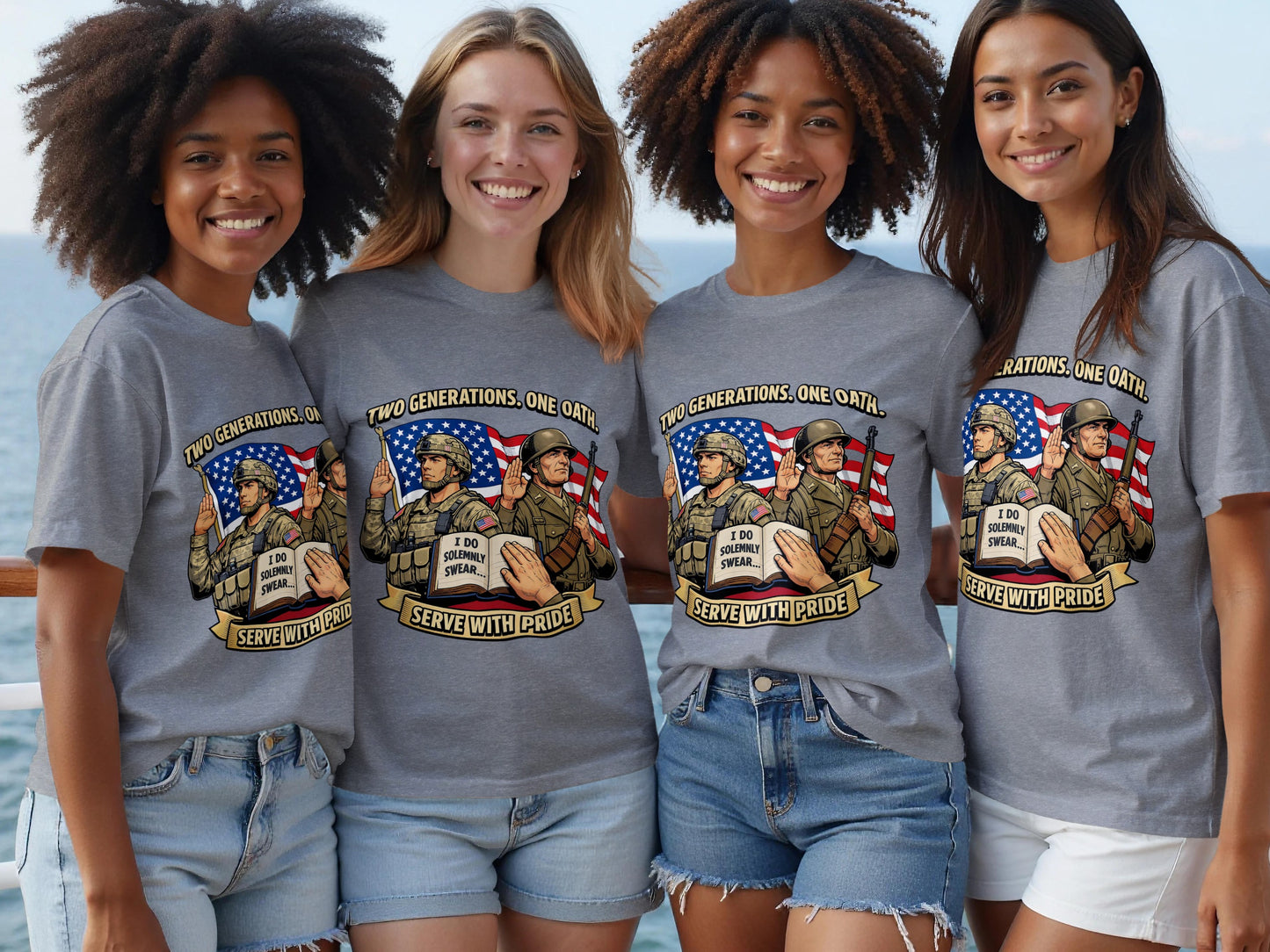 Gray t-shirt with illustration and text "Two Generations, One Oath" and "Serve With Pride."