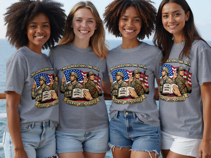 Gray t-shirt with illustration and text "Two Generations, One Oath" and "Serve With Pride."