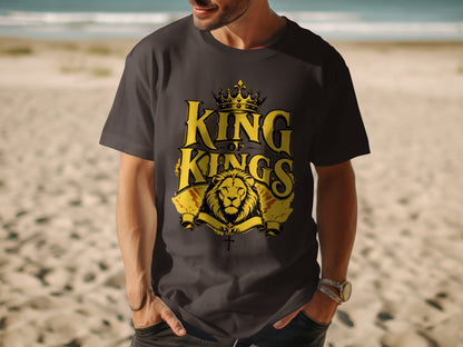 Dark t-shirt with gold "King of Kings" text, lion, and cross graphic.