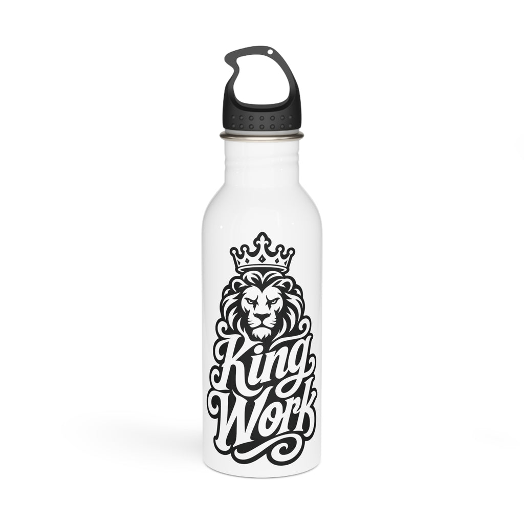 White water bottle with a black lion wearing a crown and "King Work" text.
