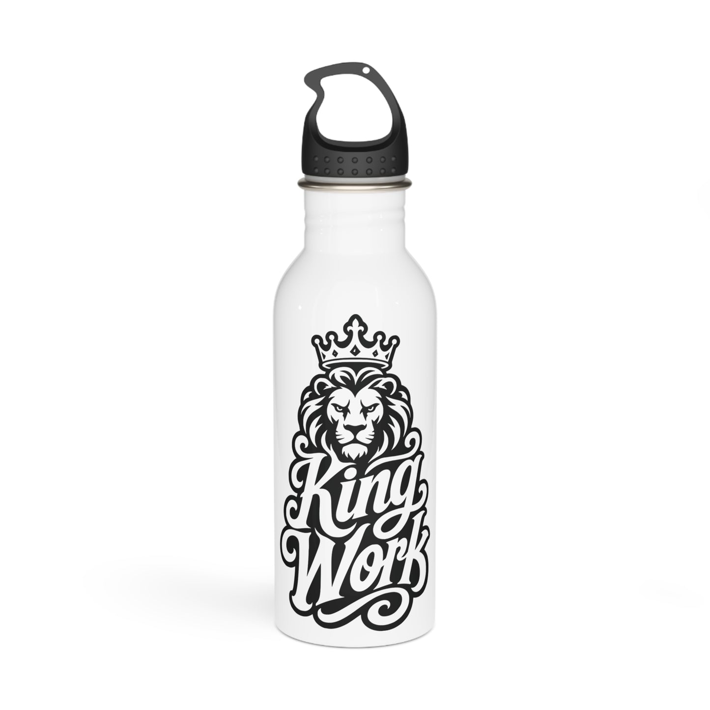 White water bottle with a black lion wearing a crown and "King Work" text.
