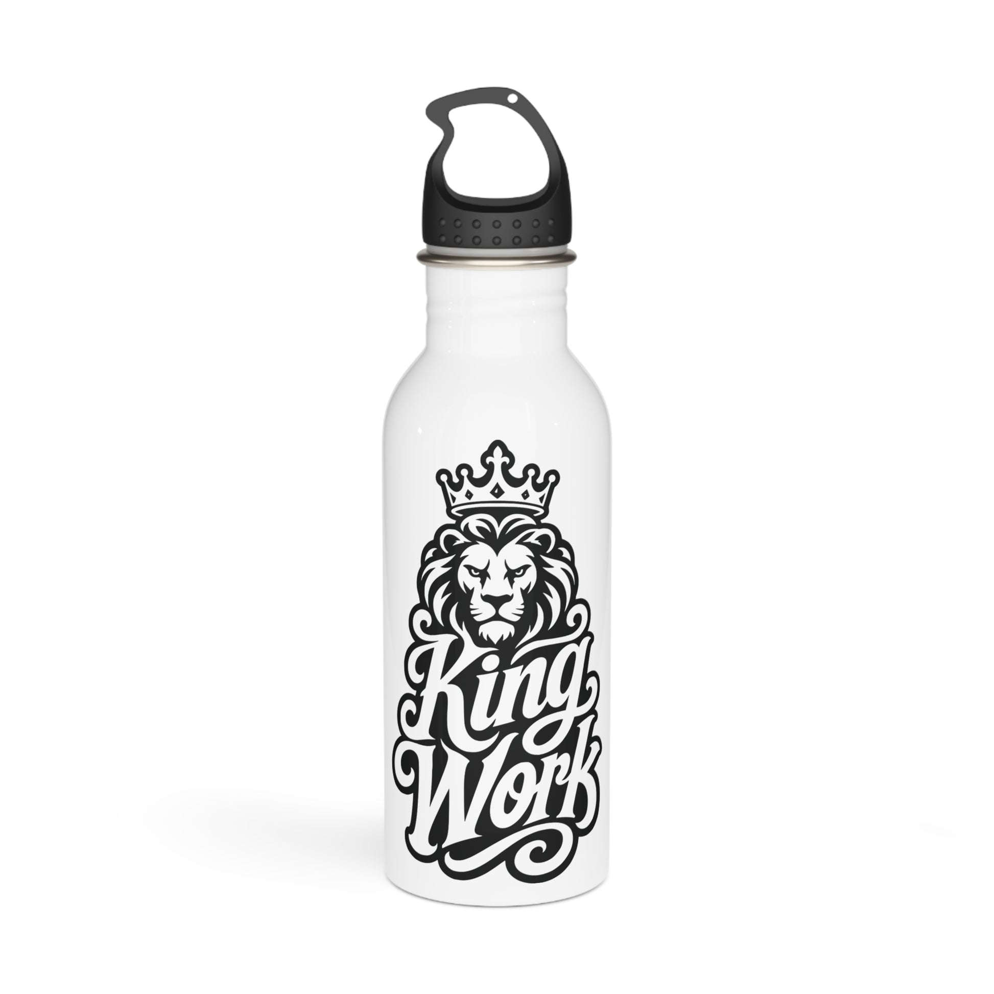 White water bottle with a black lion wearing a crown and "King Work" text.