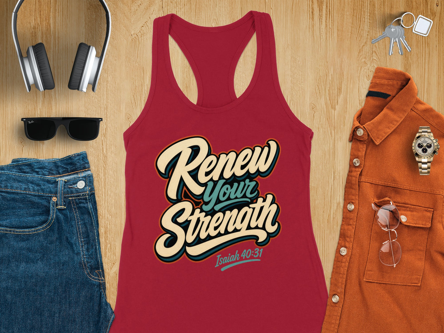 Red tank top with "Renew Your Strength Isaiah 40:31" text.
