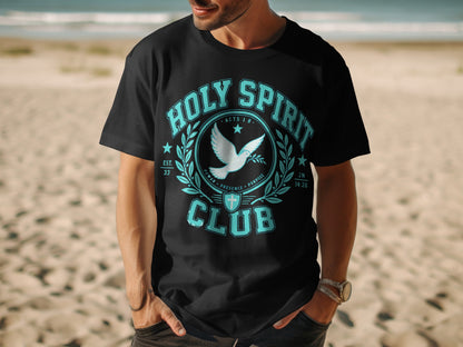 Black t-shirt with "HOLY SPIRIT CLUB" design featuring a dove and wreath.