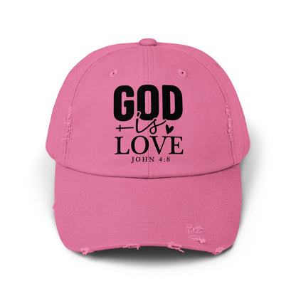 Pink distressed baseball cap with "GOD is LOVE JOHN 4:8" printed on front.
