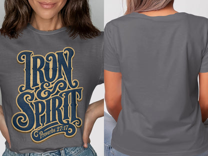 Gray t-shirt with "IRON & SPIRIT" and "Proverbs 27:17" text design.