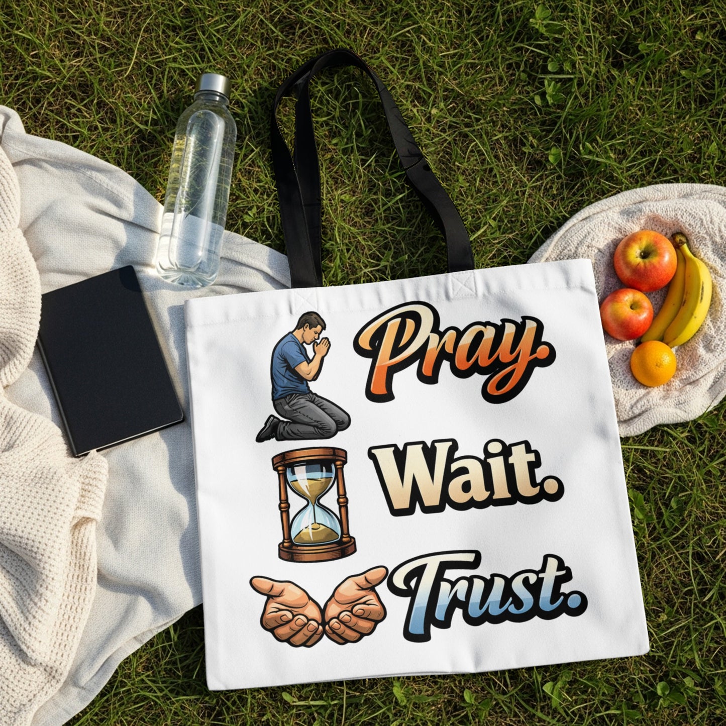 White tote bag with "Pray. Wait. Trust." text and related illustrations.