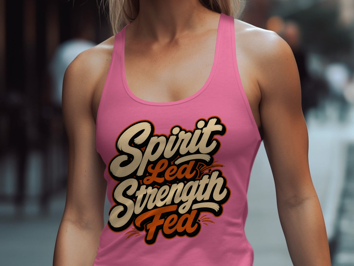 Pink tank top with "Spirit Led Strength Fed" text.