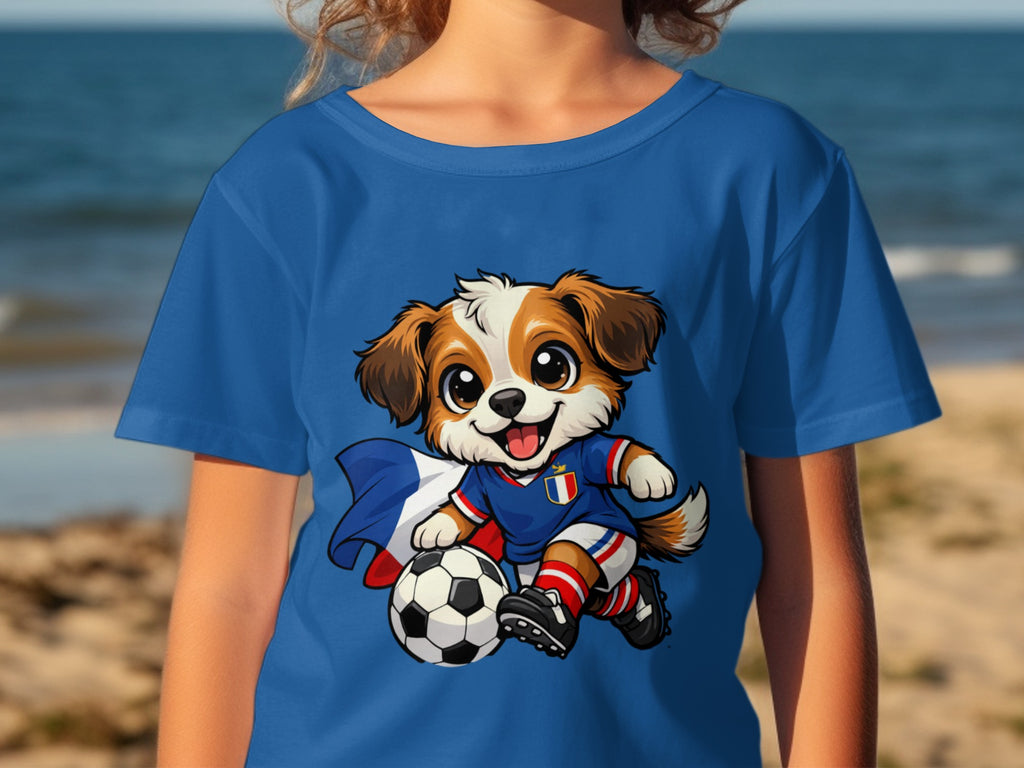 Cartoon dog wearing French soccer uniform with national flag and ball.