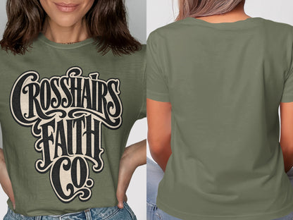 Olive green t-shirt with "Crosshairs Faith Co." text on front and plain back.
