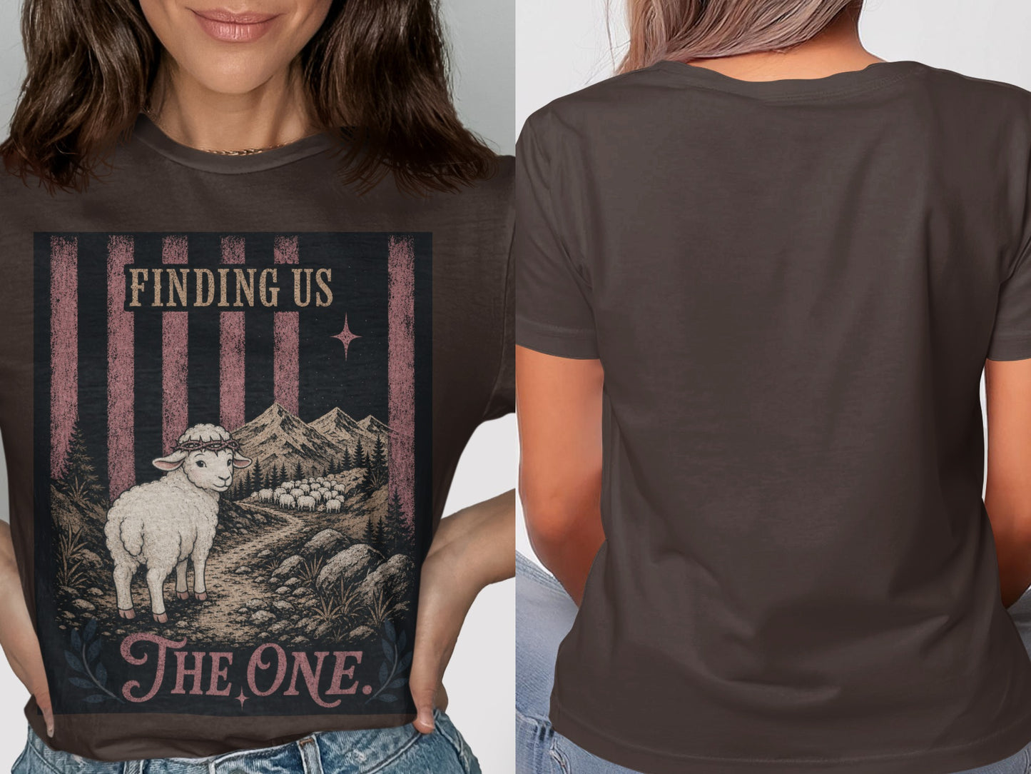 Dark brown t-shirt with "Finding Us The One" text and a sheep in a mountainous landscape.