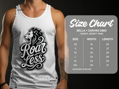 White Bella + Canvas 3480 tank with lion graphic and size chart.