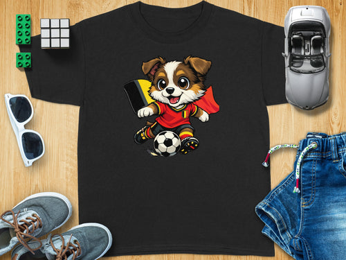 Cartoon dog in soccer jersey with Belgium flag kicks a ball.