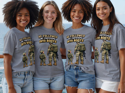 Gray t-shirts with graphic of soldier and child, text "He followed my footsteps into boots."