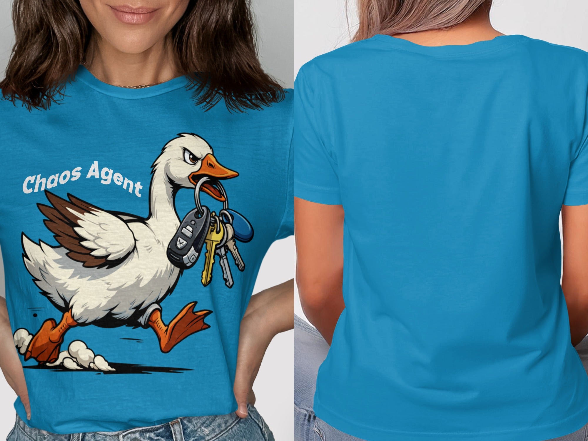 Blue t-shirt featuring a cartoon goose with keys in its beak saying "Chaos Agent."