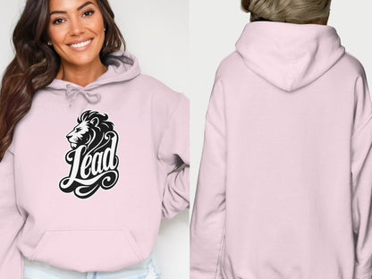 Pink hoodie front with lion and "Lead" text, back view.