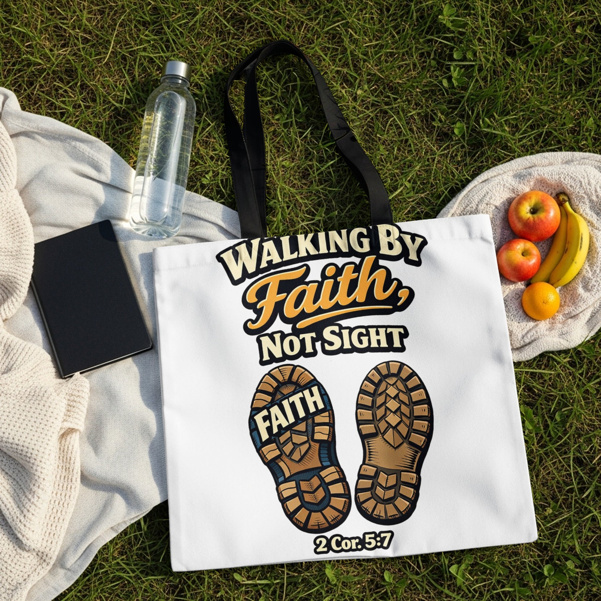 White tote bag with "Walking By Faith, Not Sight" text and boot prints.
