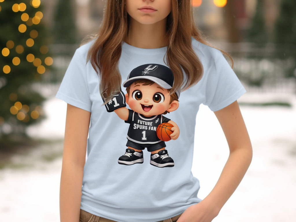 Cartoon boy with basketball and "Future Spurs Fan" shirt and cap.