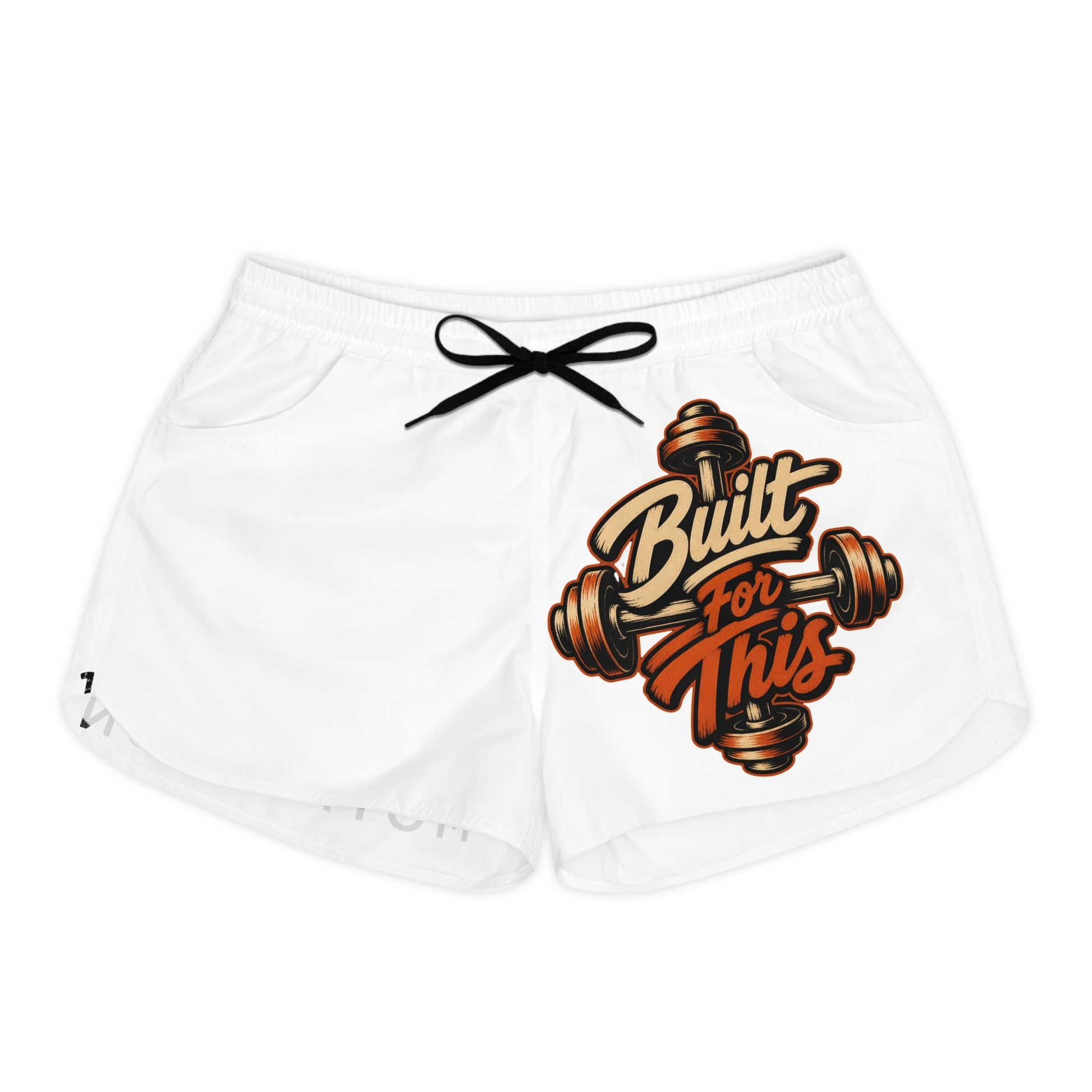 White shorts with "Built For This" text and a dumbbell graphic.