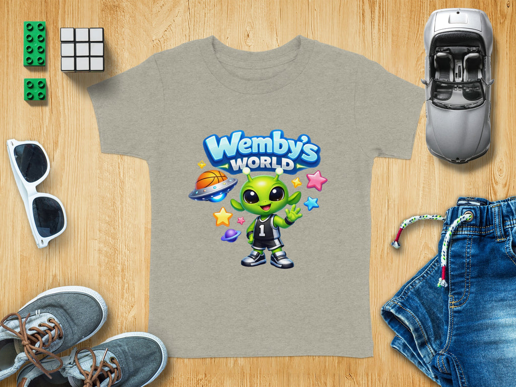 Gray t-shirt with cartoon alien playing basketball and "Wemby's World" logo.