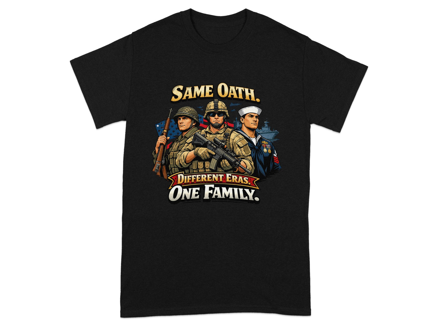 Black t-shirt with military graphic: "Same Oath. Different Eras. One Family."