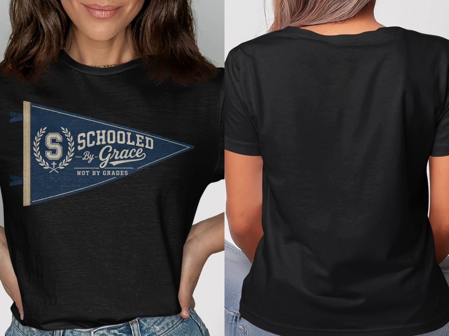 Black t-shirt with a pennant graphic reading "SCHOOLED By Grace NOT BY GRADES."