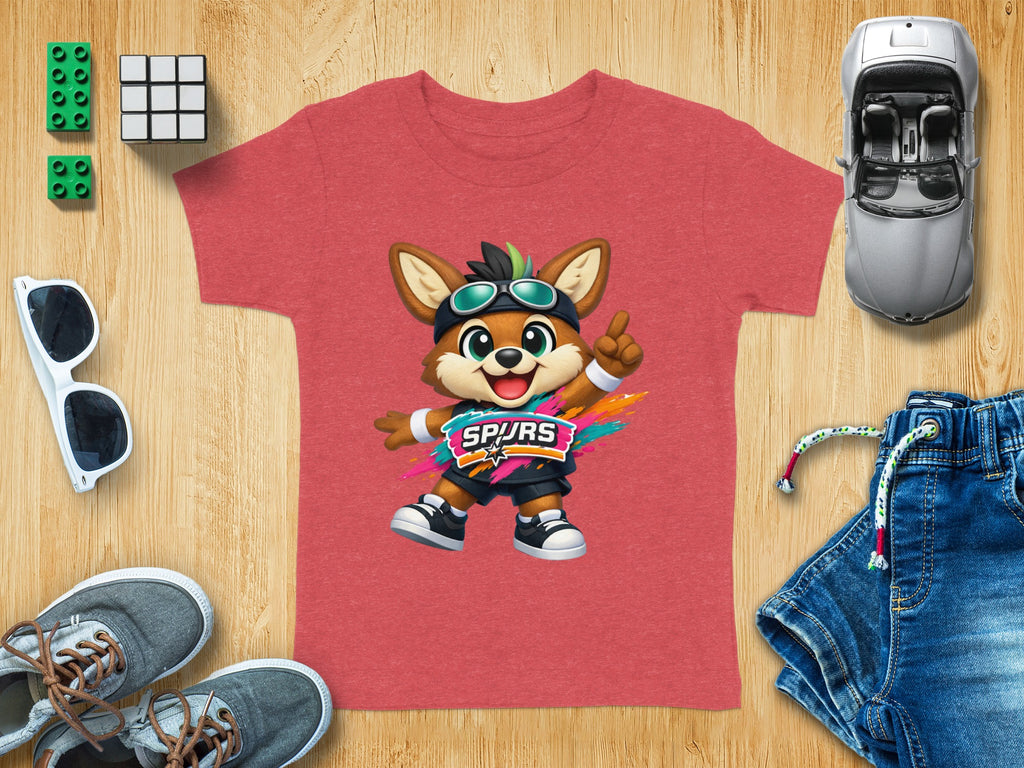 Red t-shirt with cartoon fox wearing goggles and a "Spurs" logo.