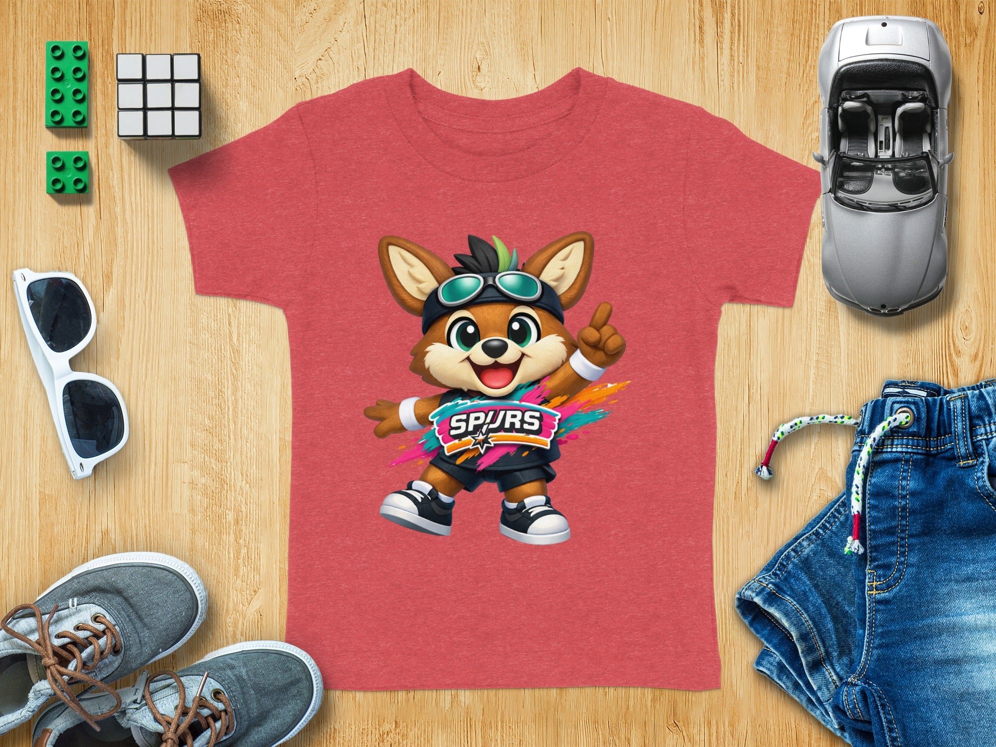 Red t-shirt with cartoon fox wearing goggles and a "Spurs" logo.